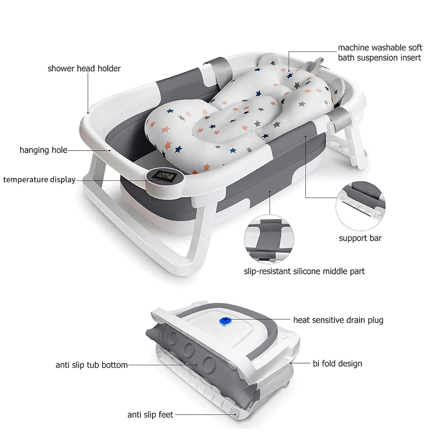 Eco Friendly Foldable Baby Bath Tub With Temperature Indicator