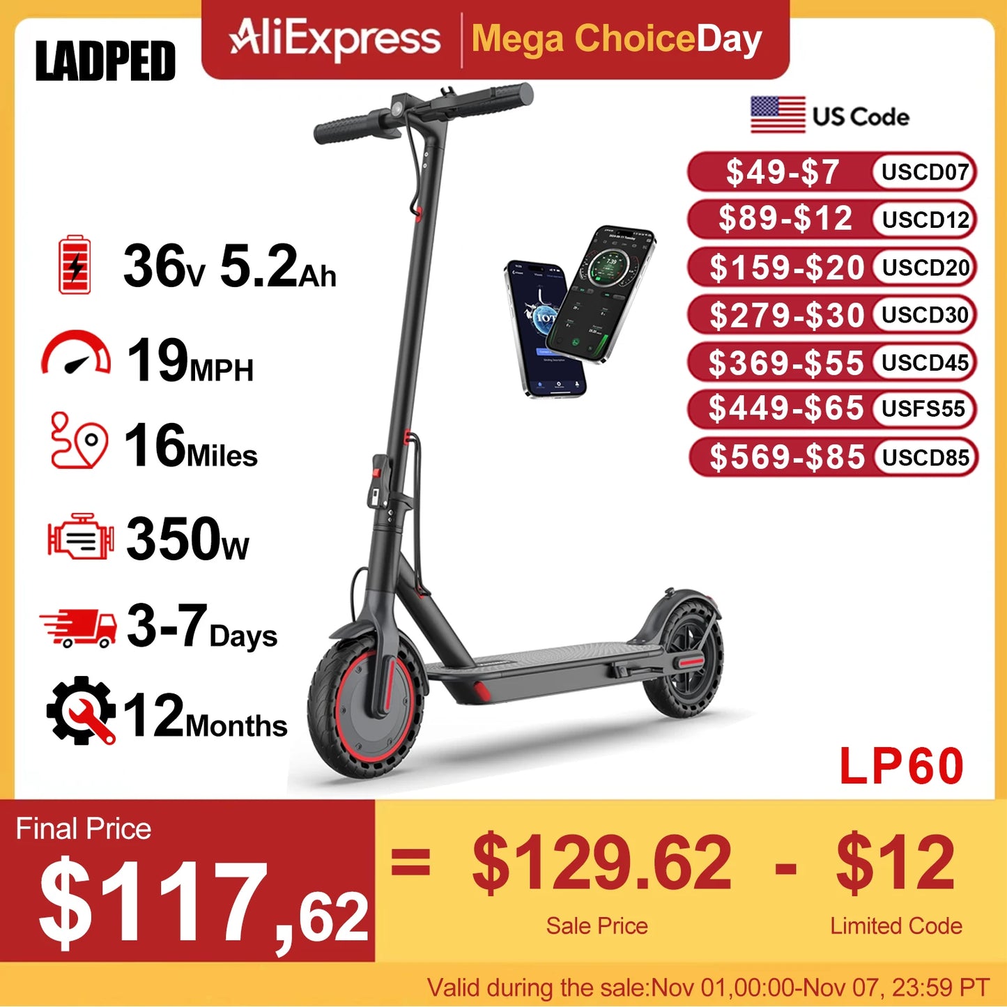 Ladped LP60 Electric Scooter Folding 16 Miles Max Range