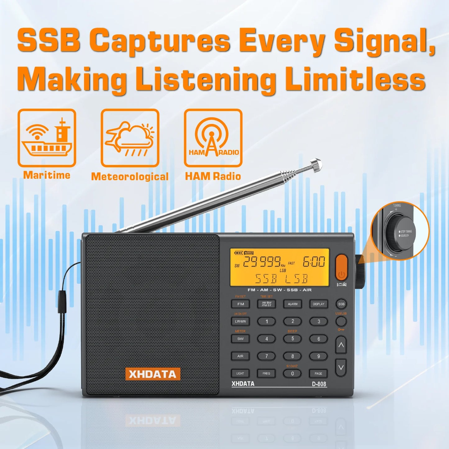 XHDATA D808 Multiband Radio AM FM SW MW RDS Portable